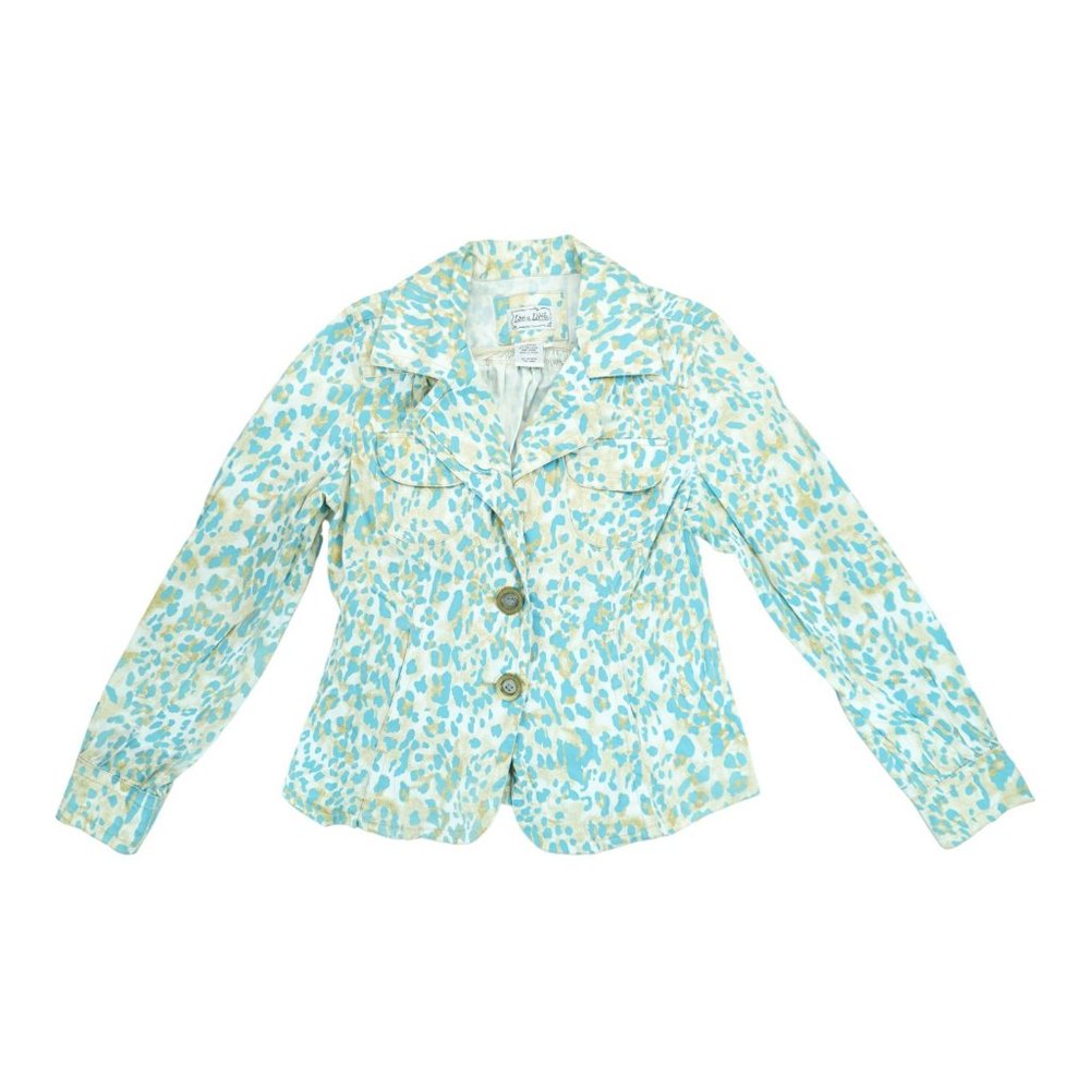 Live A Little Jacket‎ White, Blue & Gold Leopard Print Fitted Size Small
